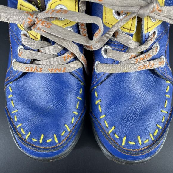 TMA Eyes Time Blue Leather Lace Up Sneakers Women’s 7 Yellow Stitching Shoes - Picture 4 of 16
